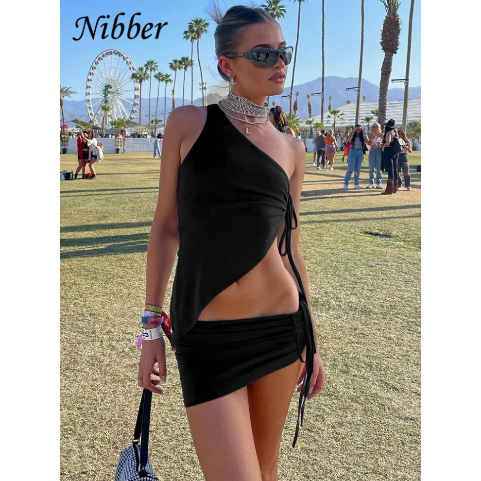 Nibber Two Piece Set Women Sexy Solid Sloping Shoulder Smocked Crop Top Slim Fit Hips Mini Skirt Female Midnight Party Set-image-OPC-PBQM2CP-NEW
