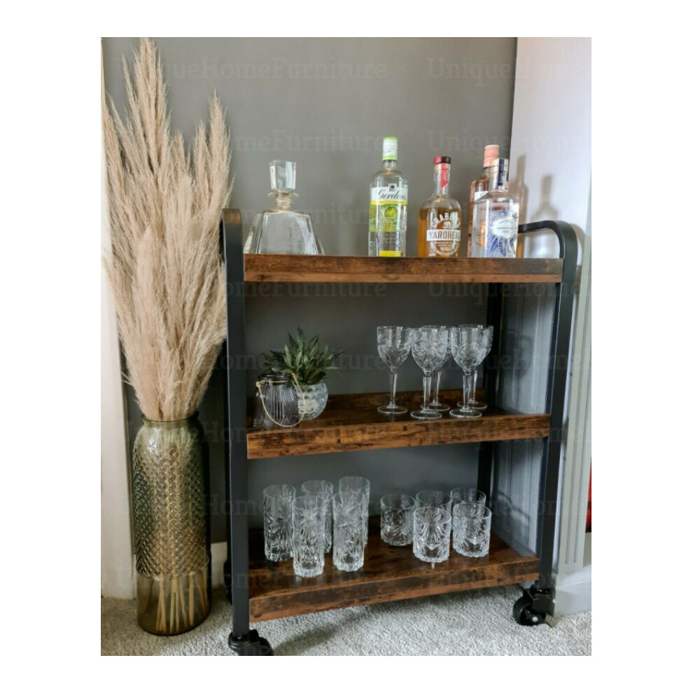 Industrial Drinks Trolley Rustic Metal Cart Vintage Serving Shelf Kitchen Table