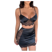 Sexy Solid Lace Stitching Fun Suit Skirt Lingerie Temptation Plus Size Comfortable Crop Top And Mini Skirt Set