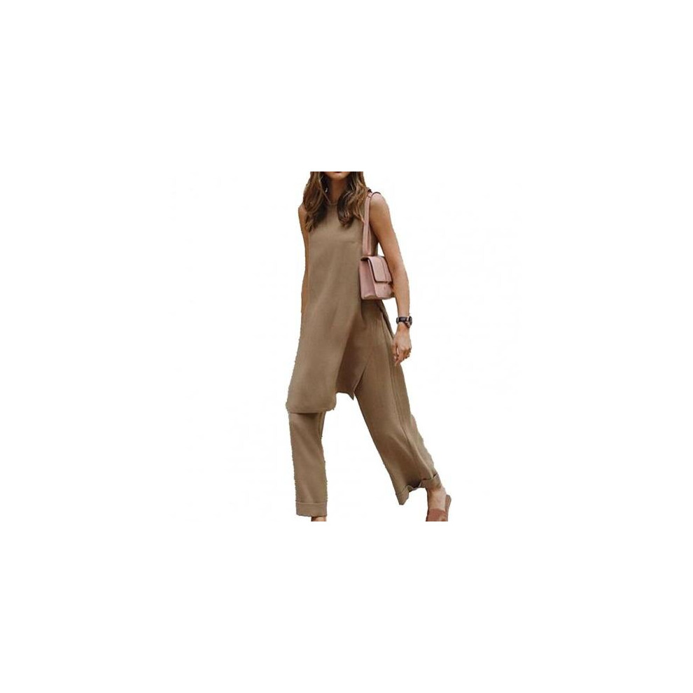 Office Loose Pant Set Summer Two Piece Set Women Short Sleeve Deep Split Top and High Waist Wide Leg Pant 2 Piece Outfits-image-OPC-PBQM68W-NEW