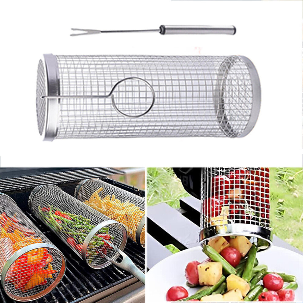 (L) Rolling Grilling Basket Outdoor BBQ Accessories - Round Durable Stainless Steel Mesh Cage for Melons Vegetable Fish