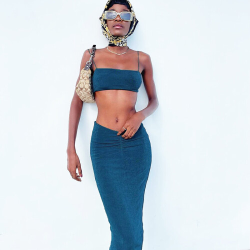 Summer Women Pure Pieces Strap Crop Top Ruched Midi Skirt Set