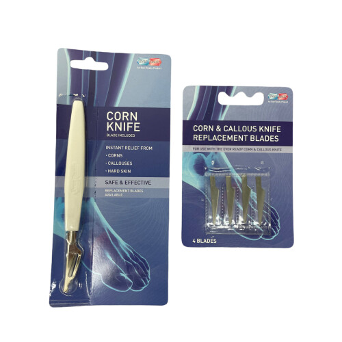 Ever Ready Corn/Callus Knife & 4 Replacement Blades - UK-Made, Boots Compatible, Carbon Steel, Non-Slip Handle, for Dry or Wet Feet