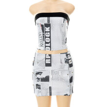 Newspaper Print Two Piece Set Women Strapless Crop Tube Top Sexy Backless Camisole + Wrap Bodycon Mini Skirt Vintage Streetwear