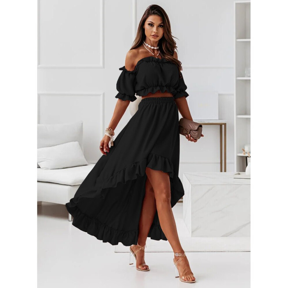 Summer Sexy Short-sleeved Women Suit Solid Slash Neck Show Waist Puff Sleeve Short Top Long Skirt Two Piece Suit-image-OPC-PBQM957-NEW
