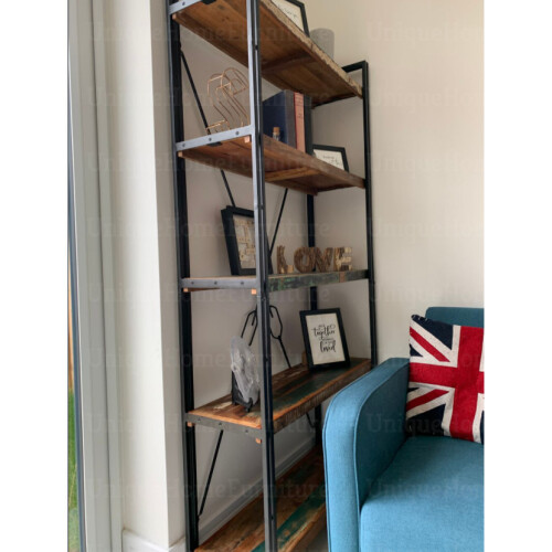 Tall Industrial Bookcase Vintage Rustic Metal Display Cabinet Solid Wood Shelf Unit 2