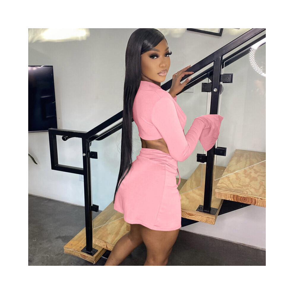 Sexy Flare Sleeve Two Piece Set Women Skirts Night Party Clubwear