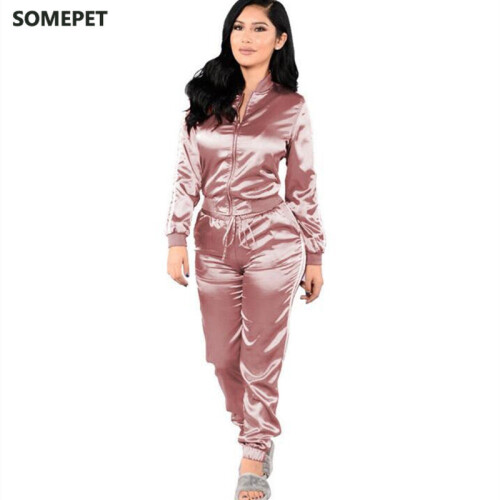 Satin Two Piece Set Tracksuit Women Top and Pants Jogging Suit