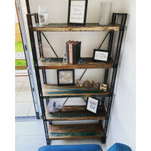 Tall Industrial Bookcase Vintage Rustic Metal Display Cabinet Solid Wood Shelf Unit