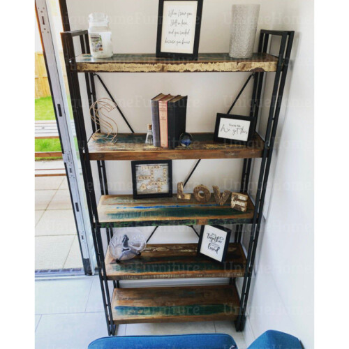 Tall Industrial Bookcase Vintage Rustic Metal Display Cabinet Solid Wood Shelf Unit