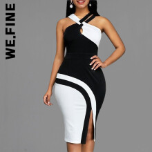 We.Fine Dress Patchwork Halter Sleeveless Dress Bodycon High Waist Dresses Vestidos Dresses Woman Female