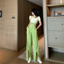 Sets Women Wide Leg Pants Slit Crop Top T-shirts Patchwork High Street Summer Casual Lady Clothes Bandage