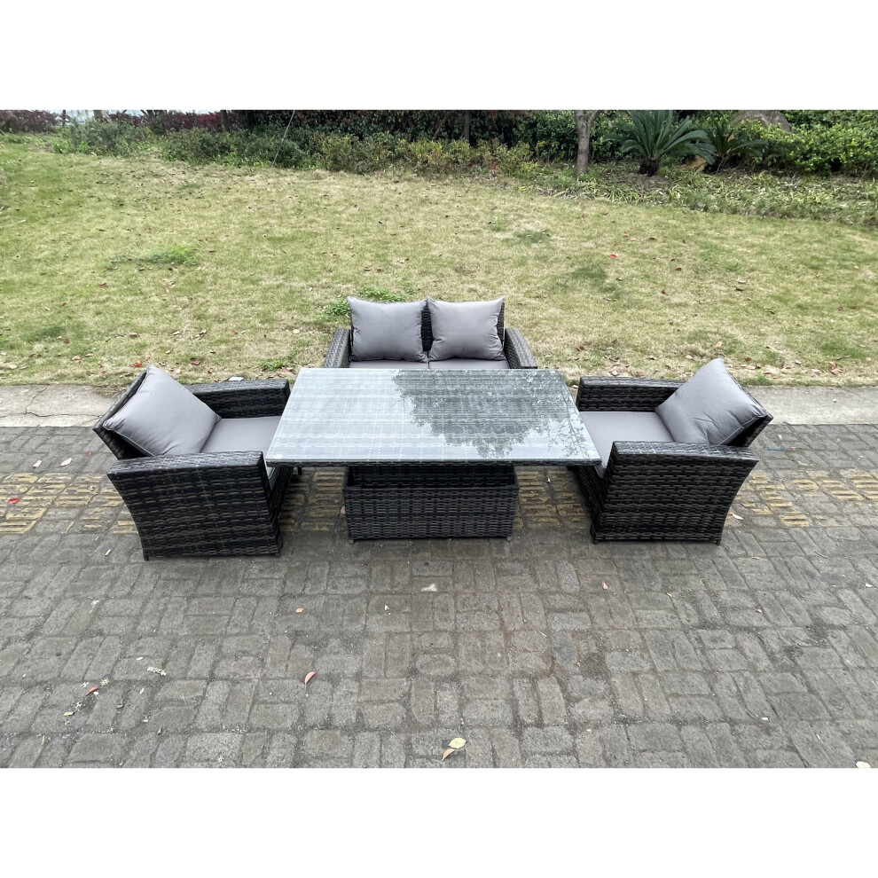 Fimous Rattan Outdoor Furniture Adjustable Rising Lifting Rectangle Dining Table Chair 4 Seater