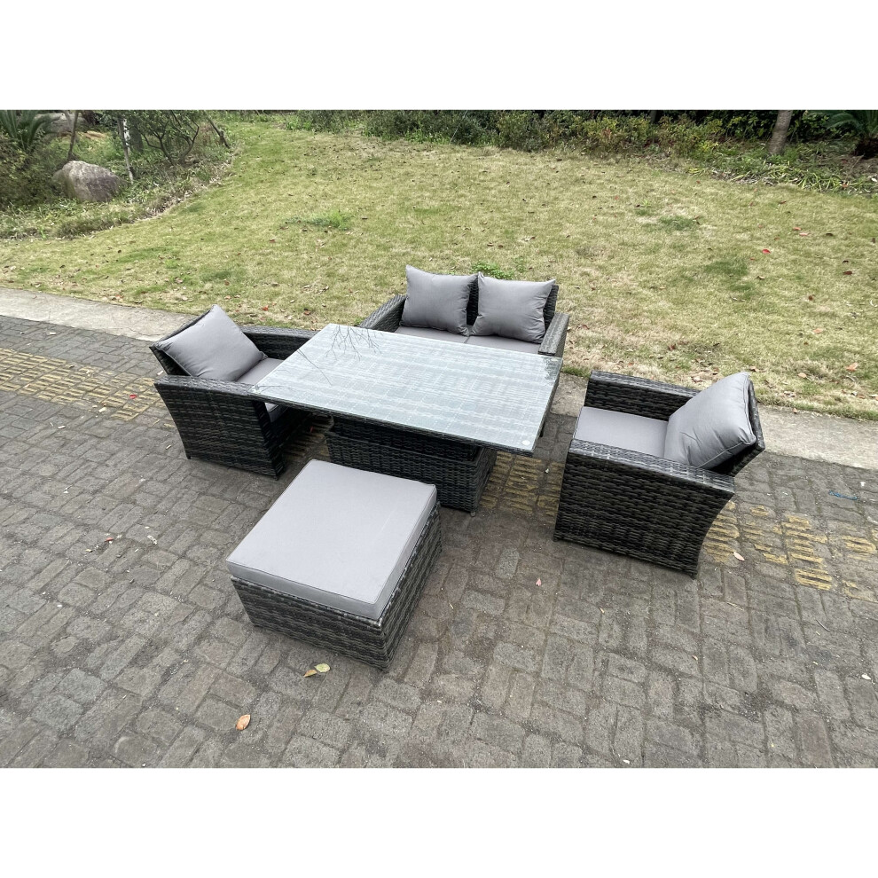 Fimous Rattan Outdoor Furniture Adjustable Rising Lifting Rectangle Dining Table Chairs 5 Seater