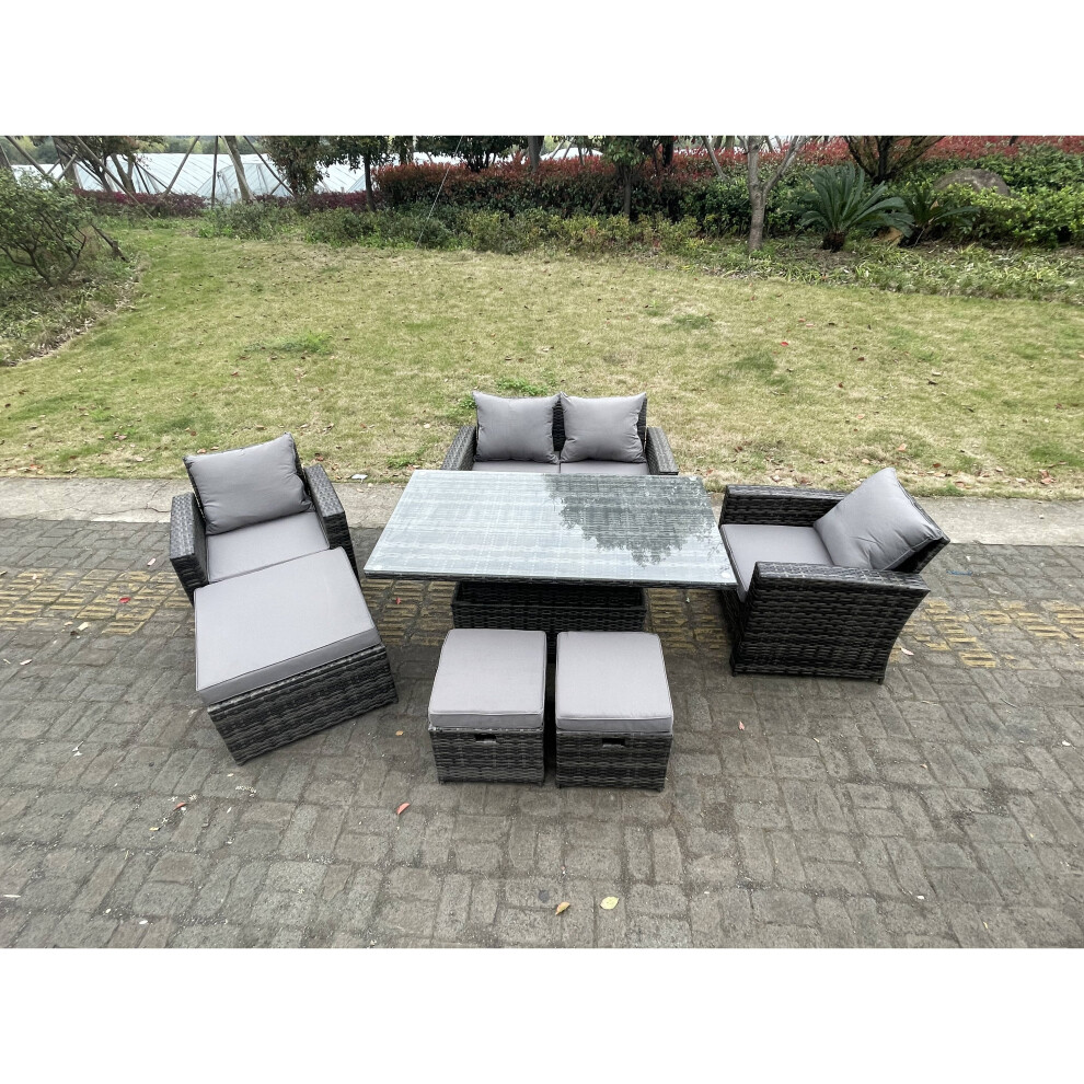 Fimous Rattan Outdoor Furniture Adjustable Rising Lifting Rectangle Dining Table Chairs  7 Seater