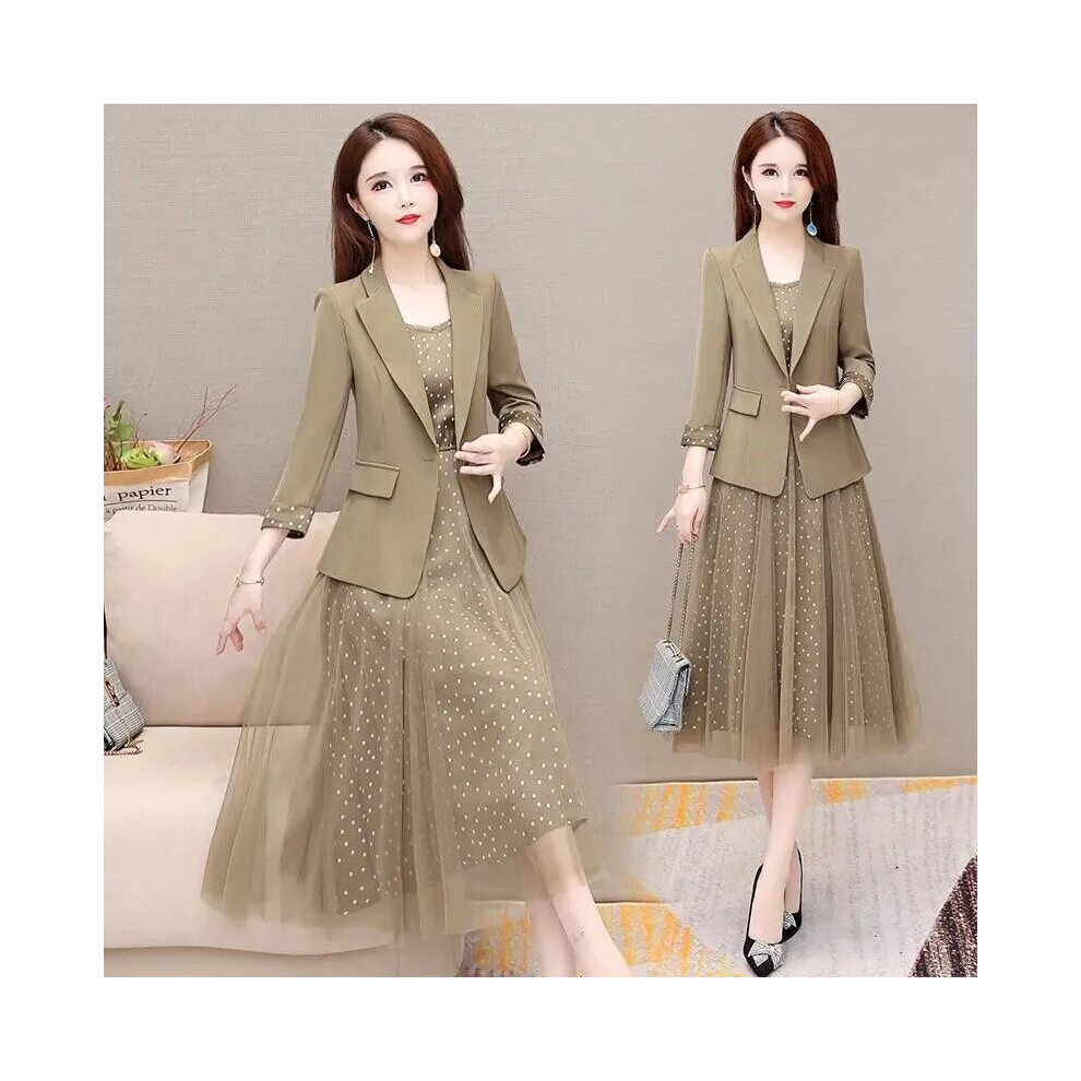 Office Lady Mesh Dot Print Dress Suit Women 2 Piece Set Slim Blazer Jacket + Spaghetti Strap Midi Dresses Outfits-image-OPC-PBQMPMZ-NEW