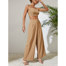 Two Women Piece Set Pants Suit 2 Pcs Set Suspender Pants Two Piece Set Shirred Cami Top & Wide Leg Pants