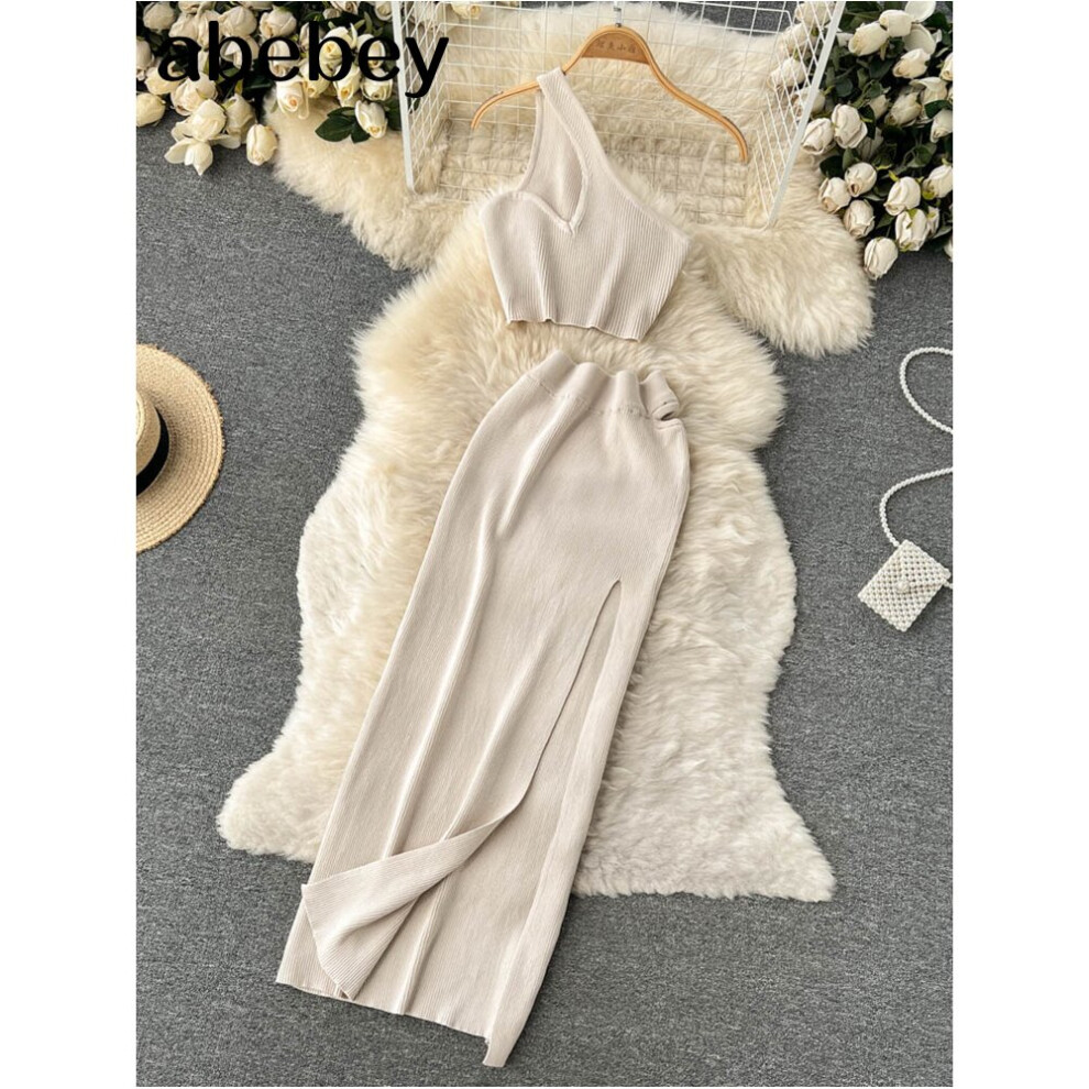 Pink Summer Women Solid 2 Piece One Shoulder Crop Top Tanks Slit Midi Skirt Set Bodycon Sexy Party Outfit-image-OPC-PBQMQJQ-NEW