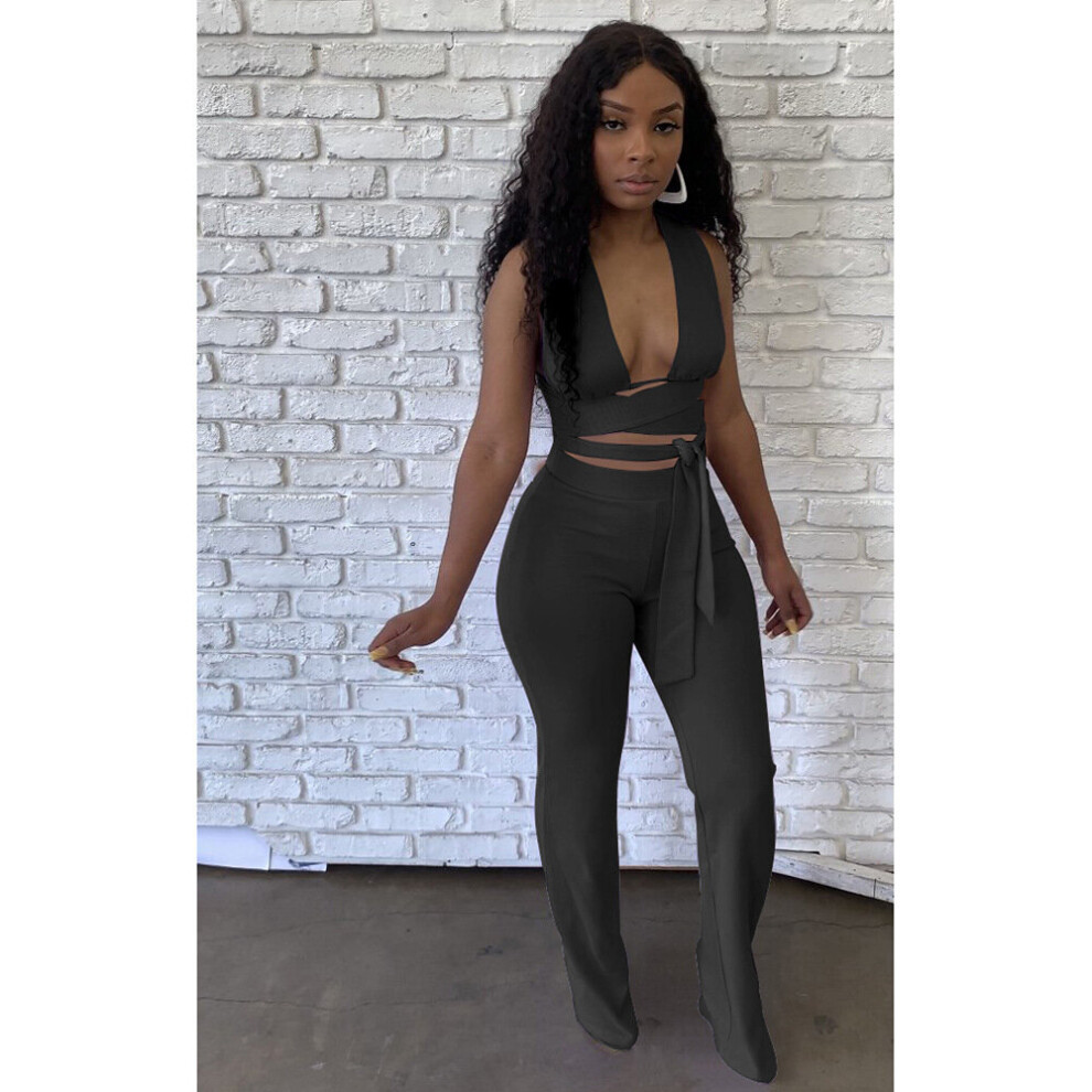 Lace Up Bandage Crop Top Wide Leg Pants Set Two Piece Set Sexy