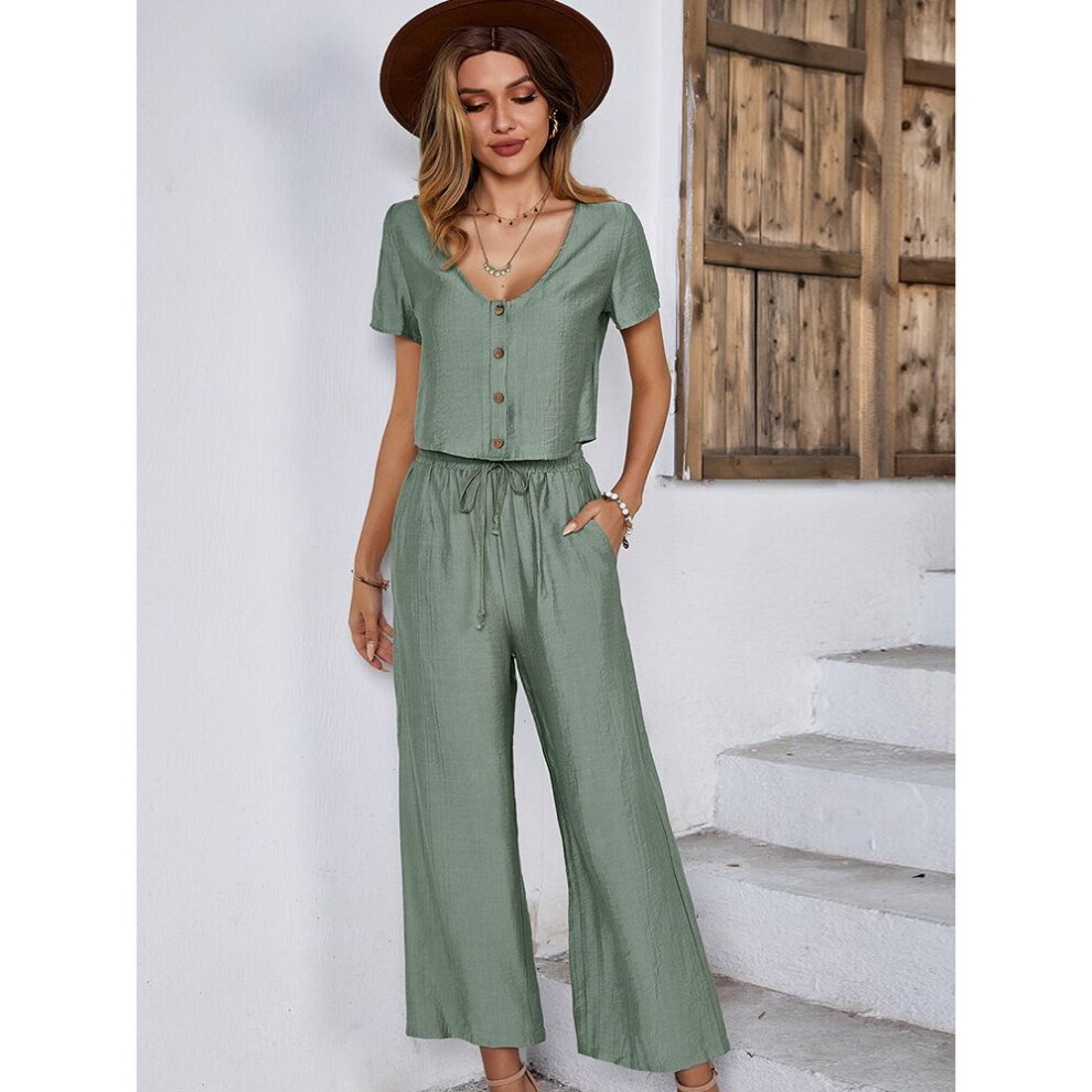 Wide Leg Pants Suit Summer V Neck Short Sleeve Single Breasted