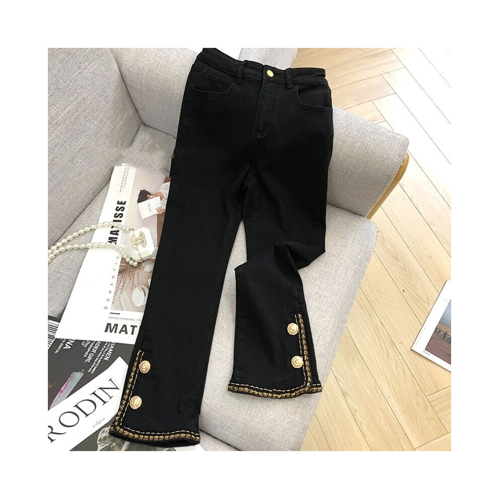 Street Button Patchwork Zipper Double Pockets Slit Slight Flare Pants All-match Elastic High Waist Washing Jeans-image-OPC-PBQMT2Q-NEW