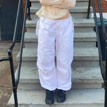 (White Beige-M) American street vintage solid drawstring overalls women low waist girl loose wide leg pants y2k punk jogging pants