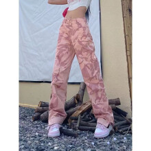 (1 Beige-L) Pink camouflage overalls women's street American retro waist wide leg pants casual straight pants y2k pants