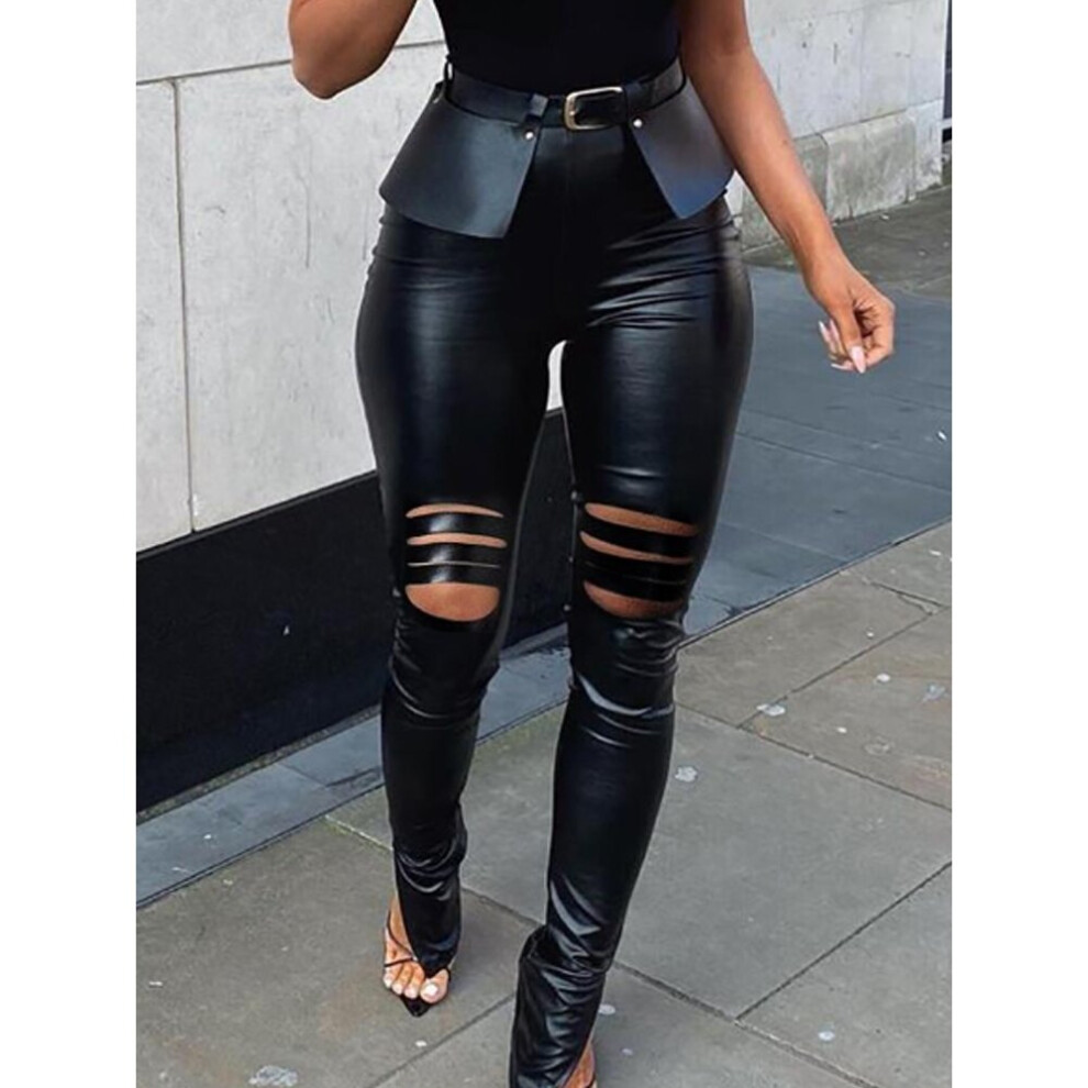 (Black-M) Women Sexy Solid PU Slit Skinny Pants With Belt-image-OPC-PBQMTXT-NEW