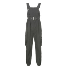 (Grey Black-L) Rockmore Punk Overalls Women Cargo Pants With Chain Streetwear Buckle Strappy High Waist Long Pants Harajuku Femme Trousers Fall