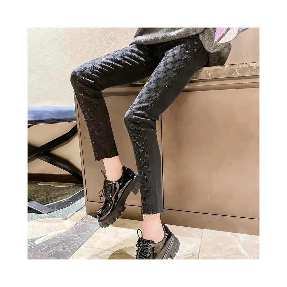 (Black Blue-M) Jeans Women Spring Heavy Industry Rhinestone Jeans High Waist Was Thin Pencil Pants Female Denim Trousers Autumn-image-OPC-PBQMVBH-NEW