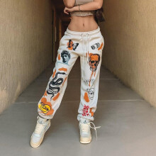 (Beige-M) Autumn Winter Women's Pants Street Pattern Printed Straps Thickened Warm Casual Oversize Y2k Pants