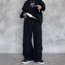 (Black-M) Japanese overalls casual pants men's autumn and winter street retro with multiple pockets thicker width