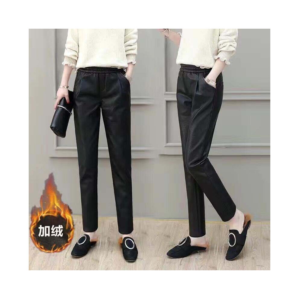 (black-L) slim Autumn Winter Warm Lady High Waist PU Velvet Loose Pencil Trousers Streetwear Women Leather Pants-image-OPC-PBQMVYH-NEW
