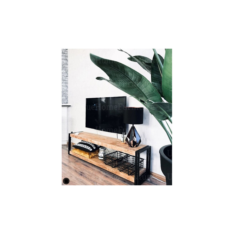 Industrial TV Stand Rustic Solid Wood Media Unit Vintage Metal Shelf Cabinet