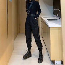 (Black-M) Female High Waist Handsome Waistband Slim Fit Hip-hop Webbing Overalls Women Pants Cotton Trousers with Belt
