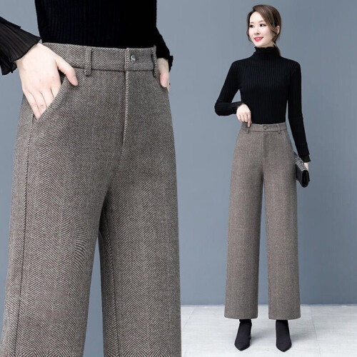 Autumn Winter Women Woolen Wide Leg Pants Casual High Waist Loose Wool Straight  Trousers Pockets Solid Pant Q21 on OnBuy