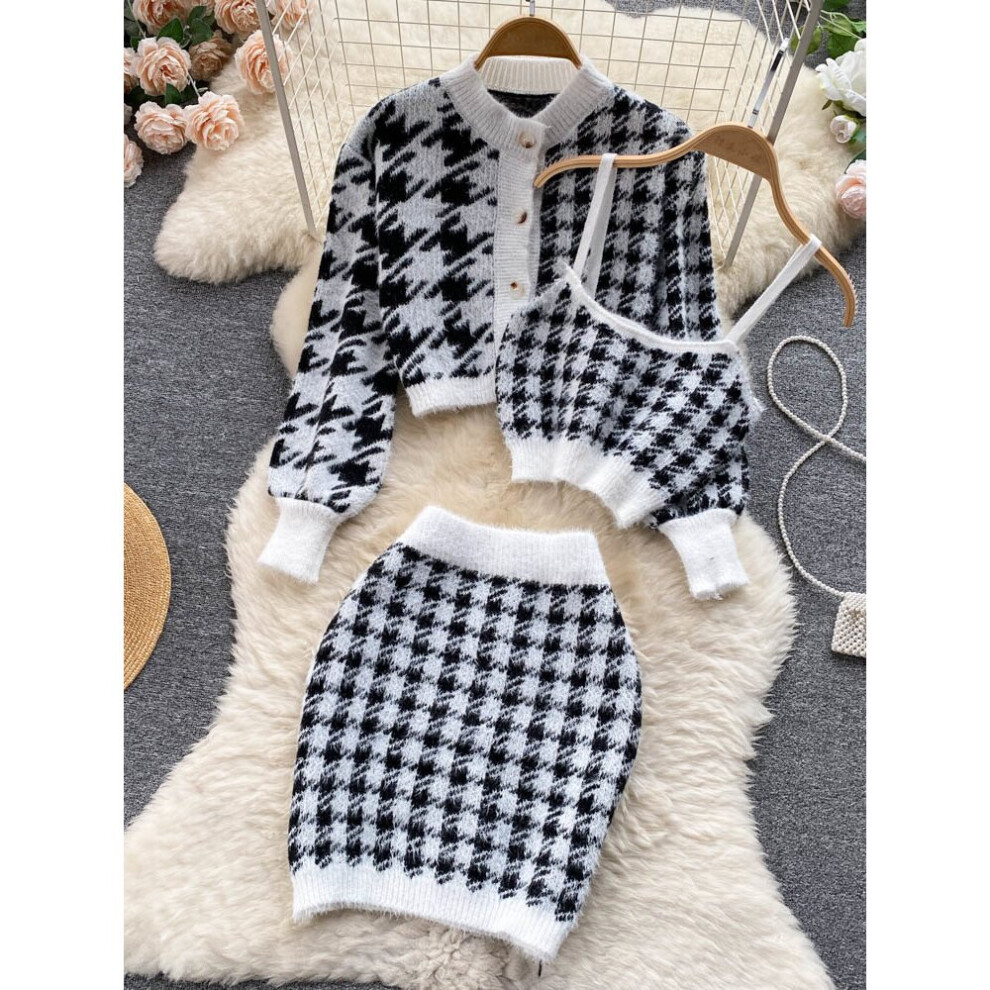 Autumn Knit Plaid Cardigans + Camisole + Skirts 3pcs Sets Short