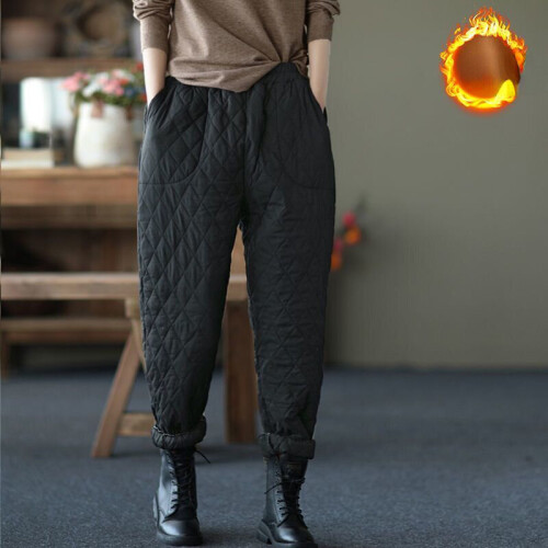  Women Winter Warm Down Cotton Pants Padded Quilted Trousers  Outdoor Elastic Waist Casual Sweatpants Compression Snow Pants (M, Cuffs  Pants-Black) : Clothing, Shoes & Jewelry