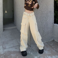 (1 Beige-XL) Multi-Pocket Straight-Leg Cargo Pants Vintage High Street Y2k Casual Pants Harajuku Hip Hop Loose Pants