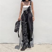 Summer High Street Grey Vintage Suspender Cargo Pants Pocket Straight Pants Streetwear Casual Wide Leg Trouser Ladies