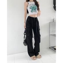 (Black-L) Retro Pink Overalls jeans Women's Style Women's Trousers Sexy Low Waist Loose Casual Trousers Vintage Streetwear