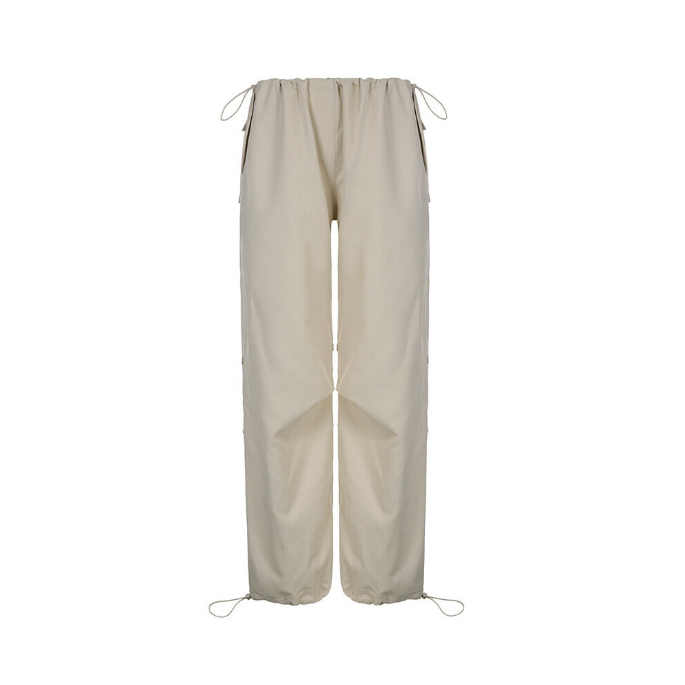 (Pohot Color Beige-M) Retro High Waist Casual Sports Female Pants Street Loose Cargo Pant Women's Button Straight Drawstring Wide Leg Trousers-image-OPC-PBQN5RF-NEW