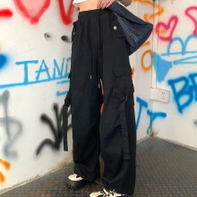 (1 Beige-L) Retro street overalls pant women ins tide loose wide-legged retro drape casual straight tube mopping trousers ins