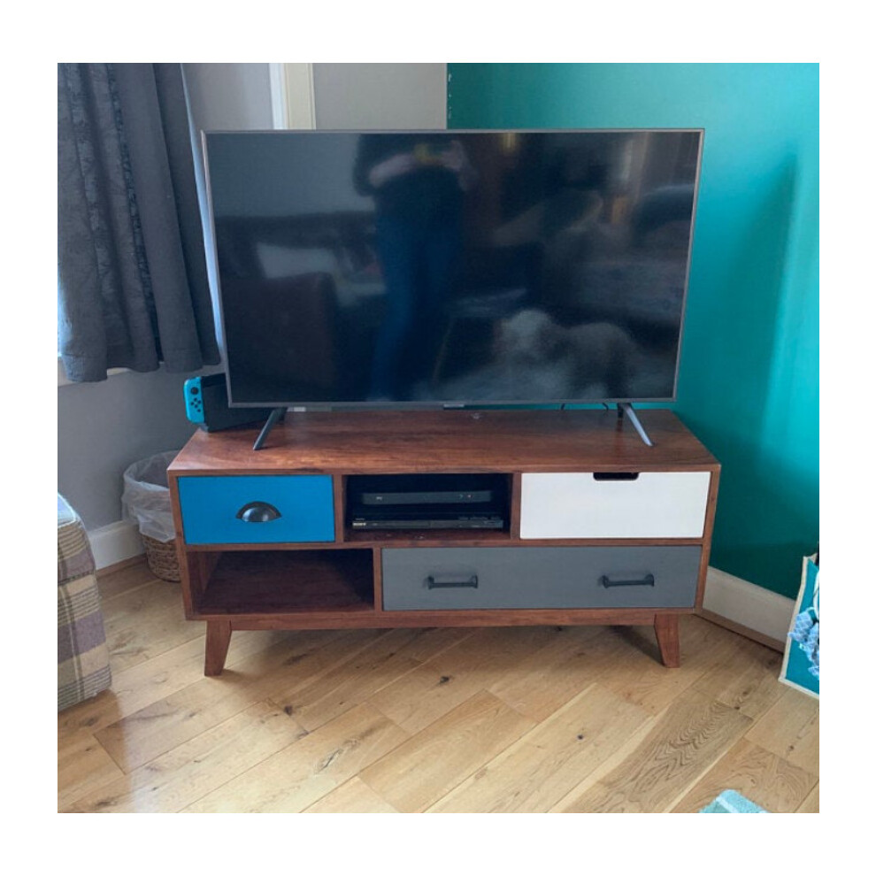 Retro TV Stand Vintage Media Cabinet Unit Scandinavian Rustic Solid Wood Shelf Drawers-image-OPC-PBQMWFB-NEW