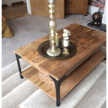 45011 Rustic Coffee Table - Large Vintage Industrial Mango Wood & Steel with Open Shelf (38 x 60 x 100 cm)