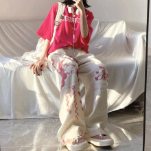 (Creamy white-XL) Pink graffiti wide-leg pants mopping pants female Japanese print pattern loose straight overalls female ins female