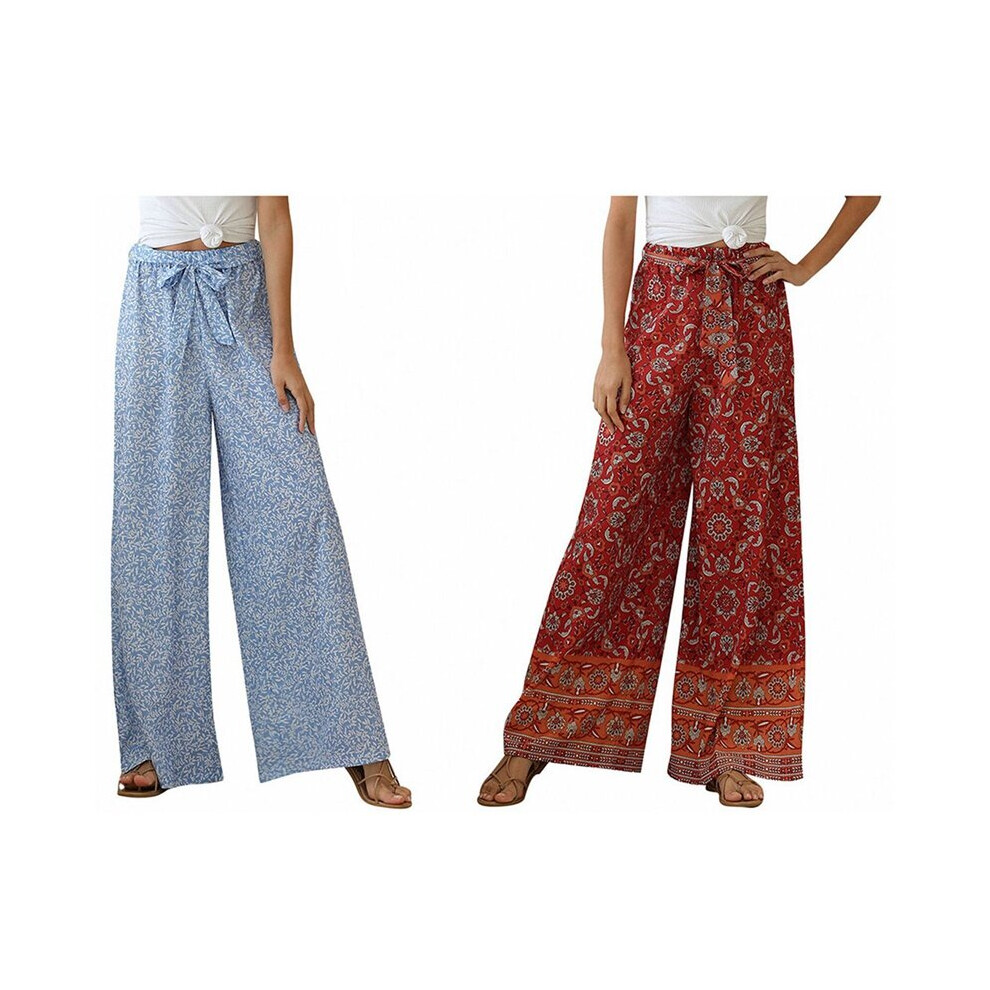 2Pcs Vintage Pants Floral Print Wide Leg Bohemian Pants Ladies Sashes Loose Rayon Boho Long Pants Xxl - Red &-image-OPC-PBQN5WC-NEW