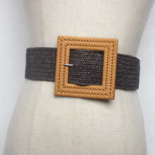 Casual Girl Square buckle Big resin elastic belt Straw Belts Braided Woven Waistbands strap for dress coat