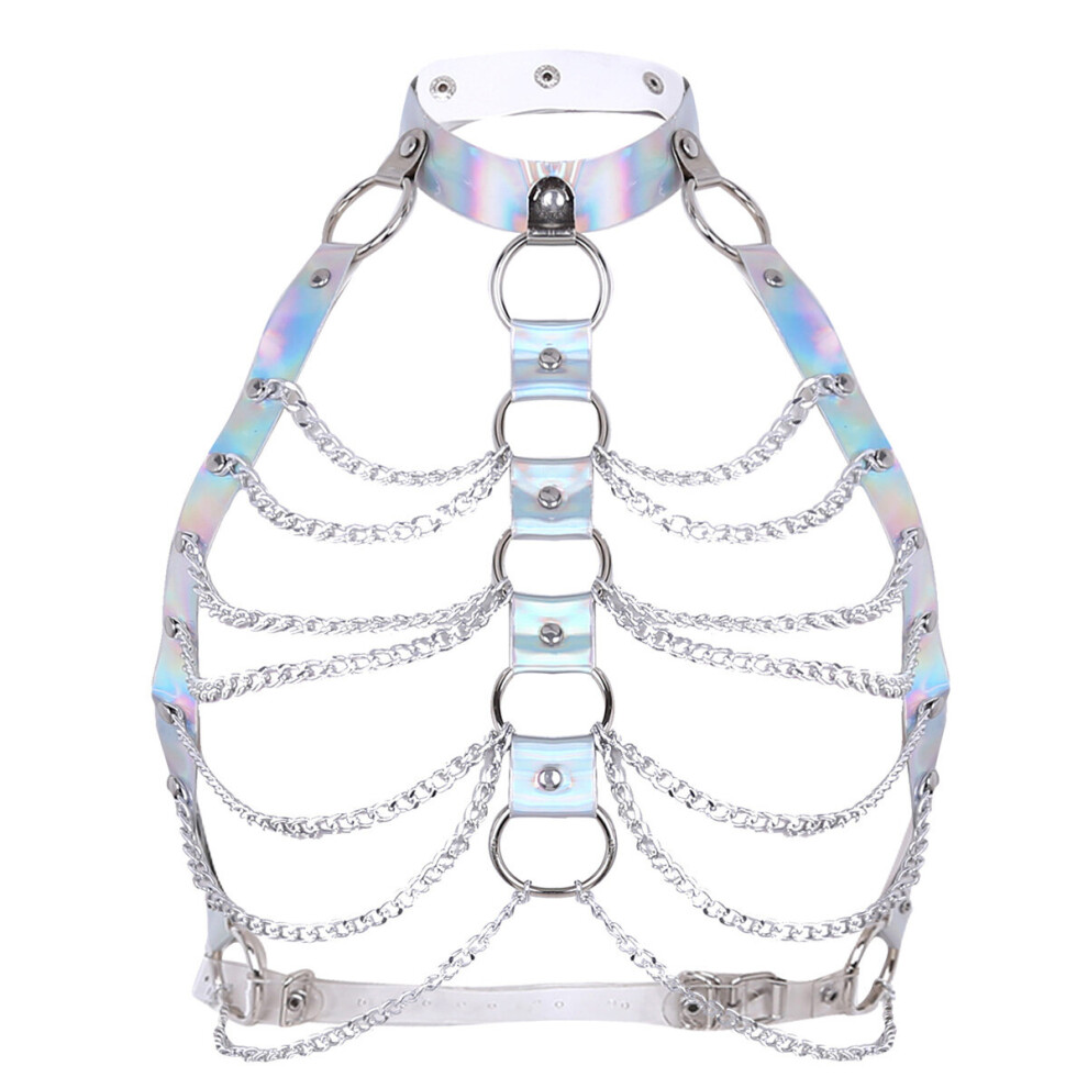 Multicoloured Women Punk Belt Halter Neck Tank Tops Body Bust Harness Belt With O-Rings Chain Tassels Costumes Accessories Night Clubwear