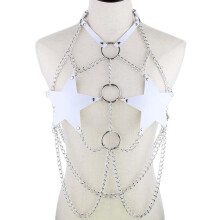 Sexy Women Stars Chains Bra Bikini Harness Cage Bondage PU Leather Necklace Chain Body Belts Punk Girls Party Jewelry